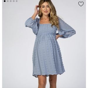 Textured Dot Smocked Square Neck Chiffon Maternity Dress